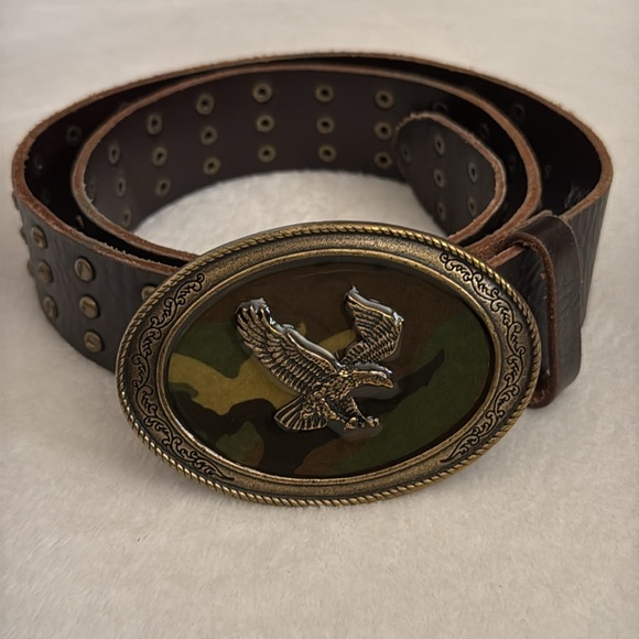 Faithful | Brown Leather Stud Belt Eagle Camouflage Hook Embossed Buckle (S) - Picture 1 of 15